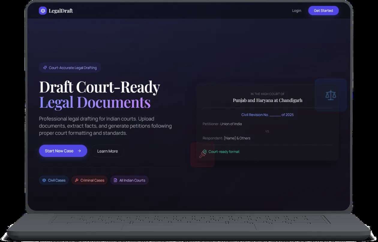 adhivaktaAi platform drafting court-ready legal documents from an uploaded record