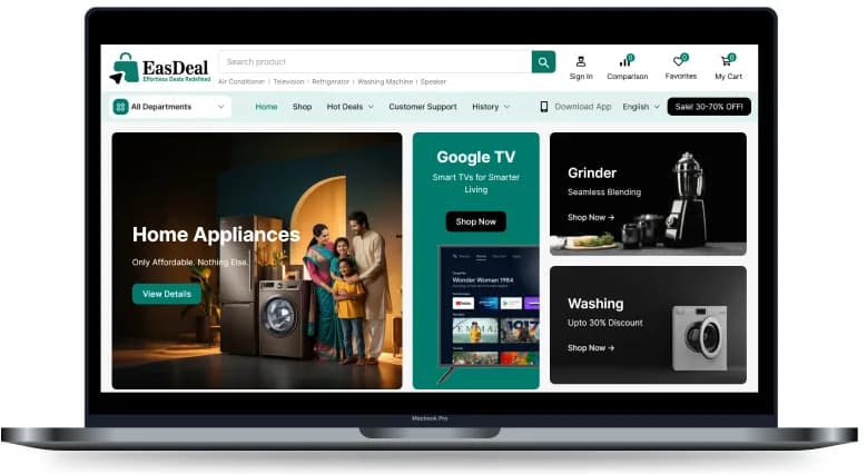 Easdeal marketplace homepage with home appliance and electronics categories