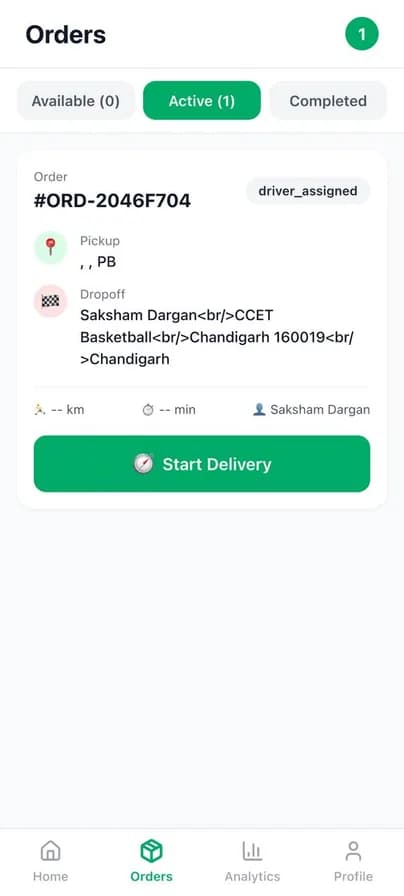 Active order screen with pickup, drop and start-delivery action