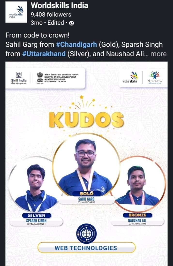 WorldSkills India post announcing the gold medal in Web Technologies